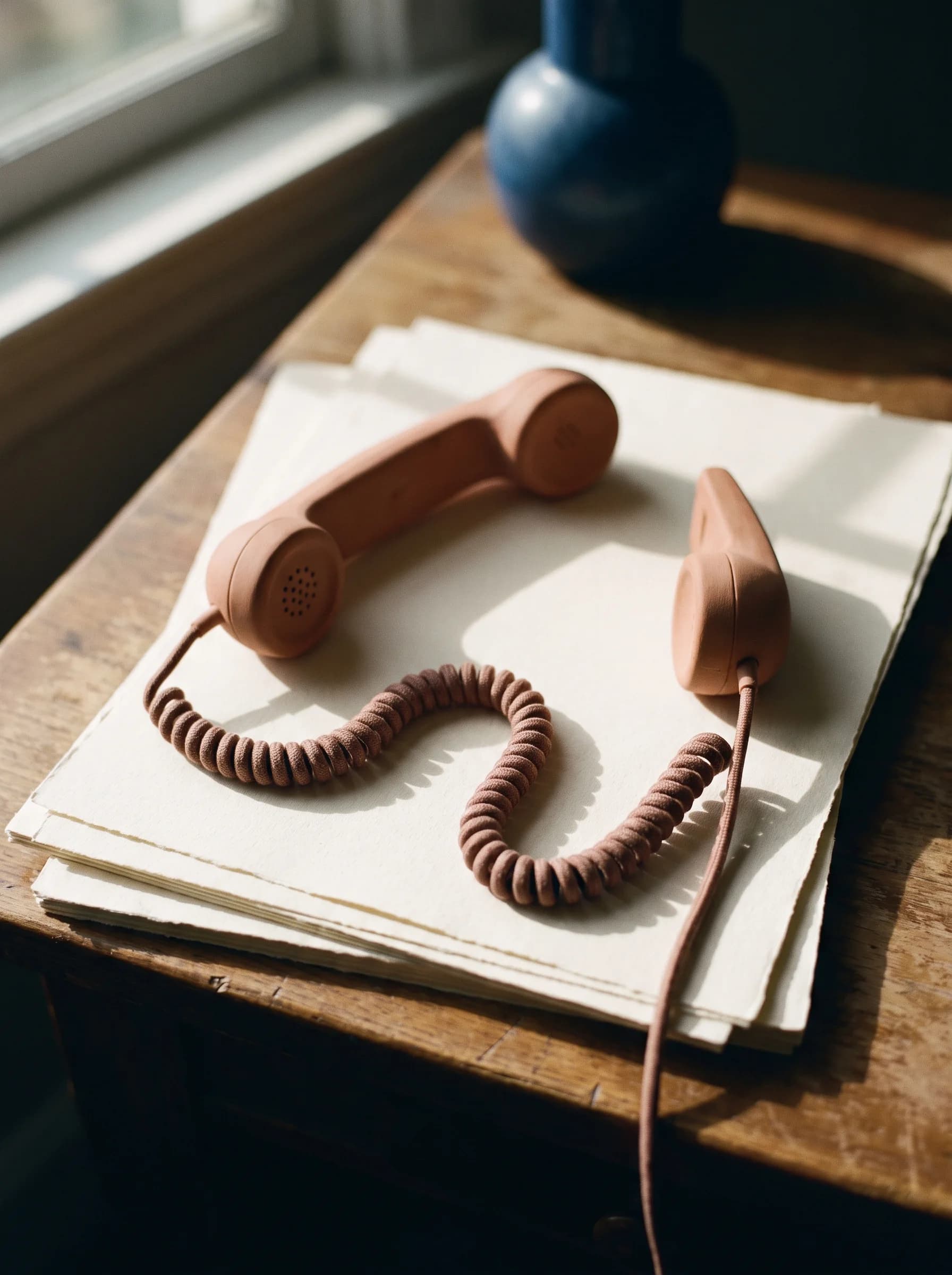 A warm terracotta telephone handset resting on cream paper