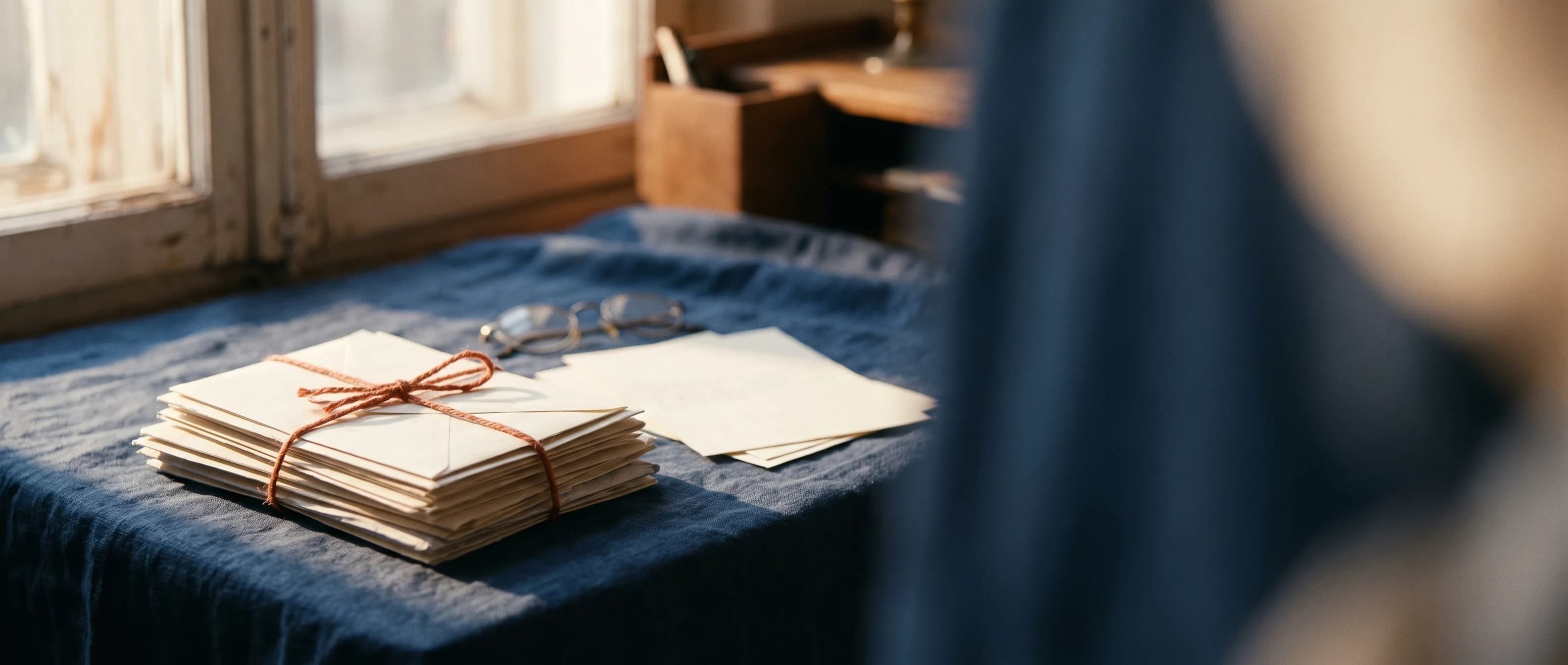 Bundled letters tied with terracotta thread on blue linen