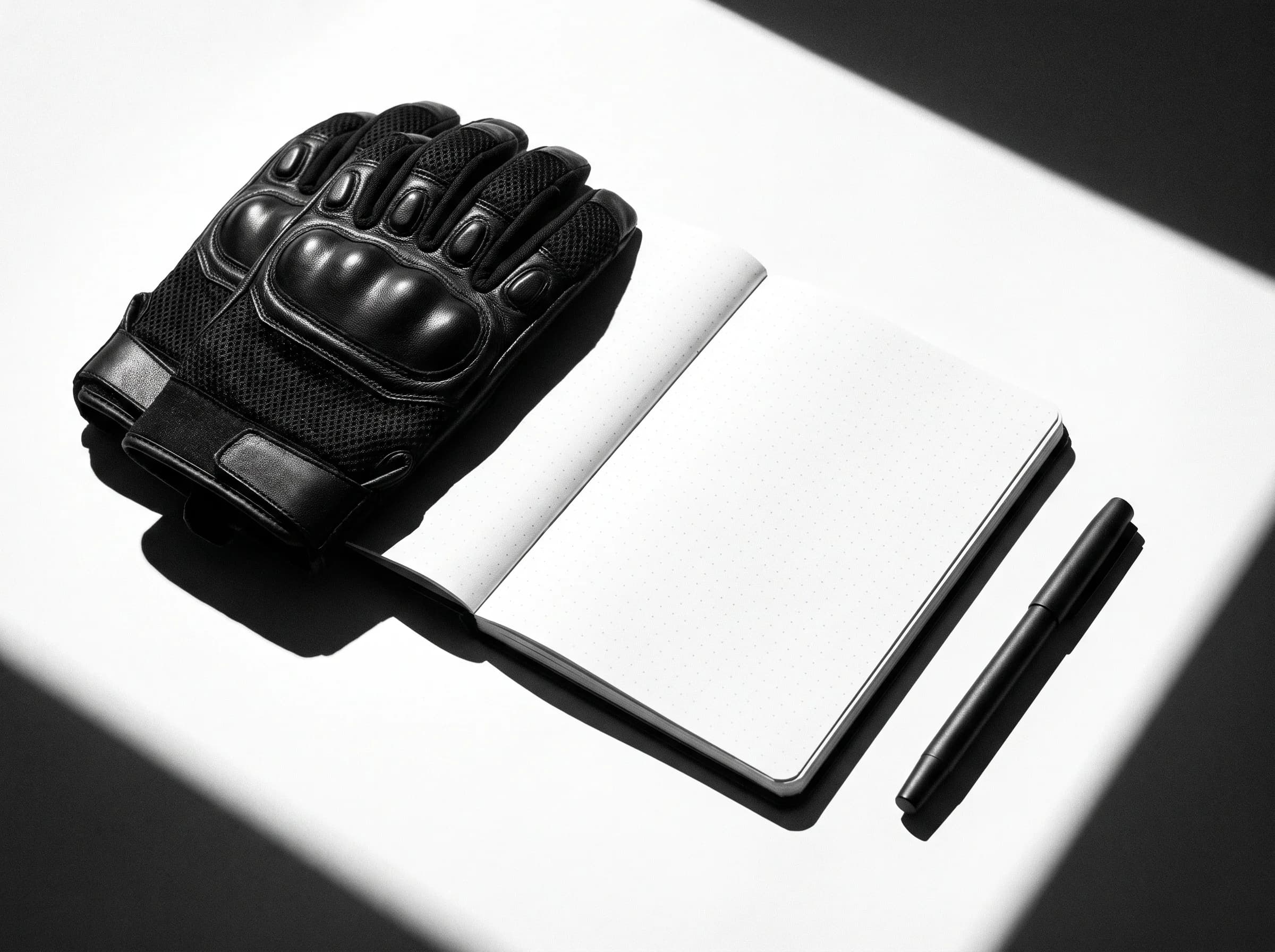 Riding gloves beside an open blank notebook in hard black-and-white light
